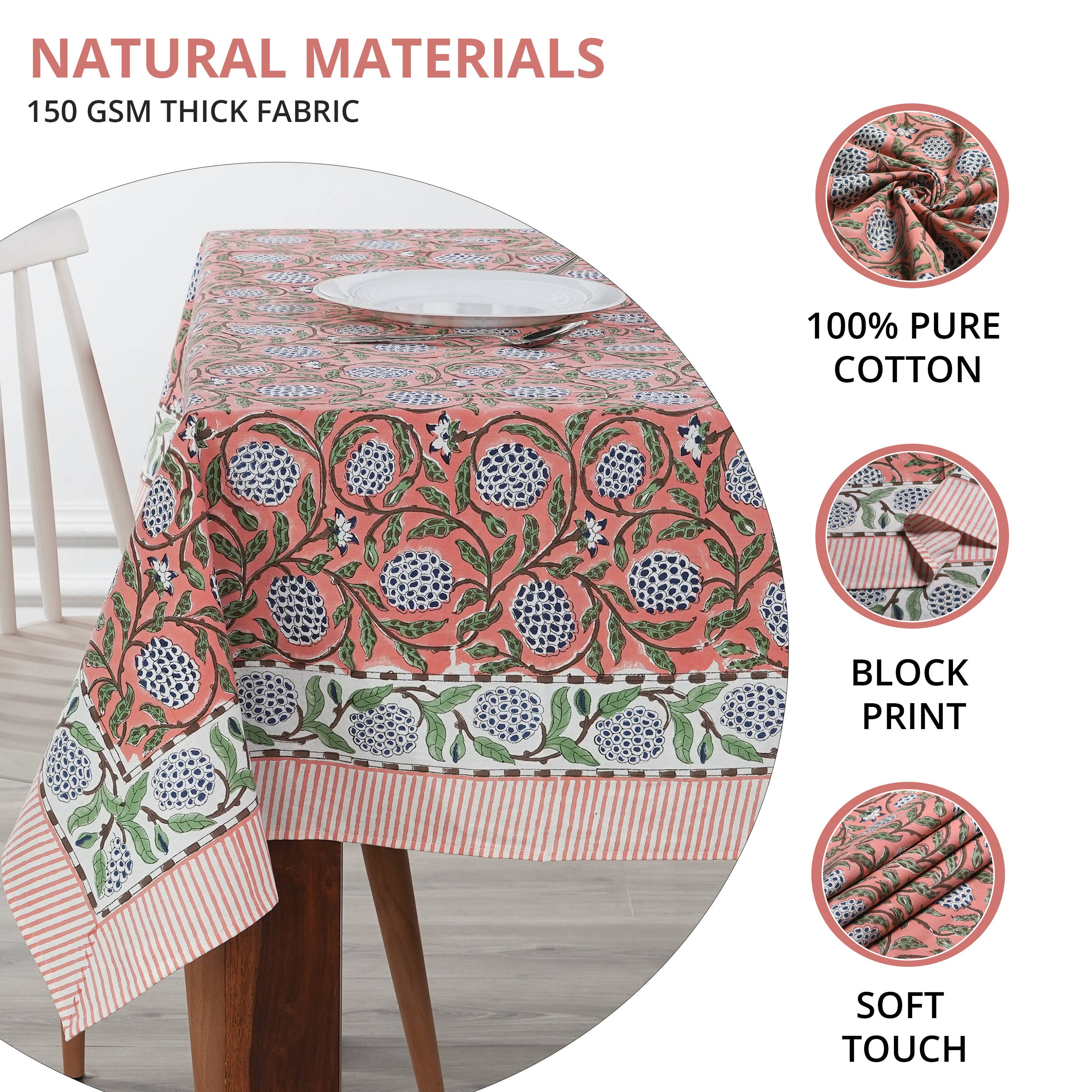 Fabricrush - Wholesale Tablecloth - New Dark Salmon Pink Hand Block Print Cotton Tablecloth1
