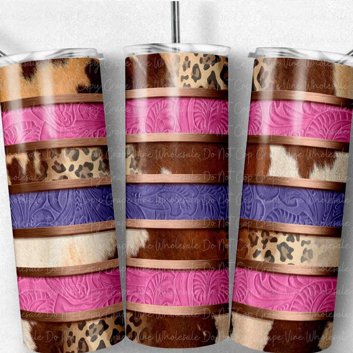 Striped Cowhide & Leopard - Pink and Purple- 20oz Tumbler for wholesale by GrapeVineWholesale