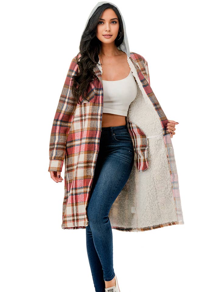 Super long red plaid flannel shirt jacket shacket w/pockets for wholesale by Color 5