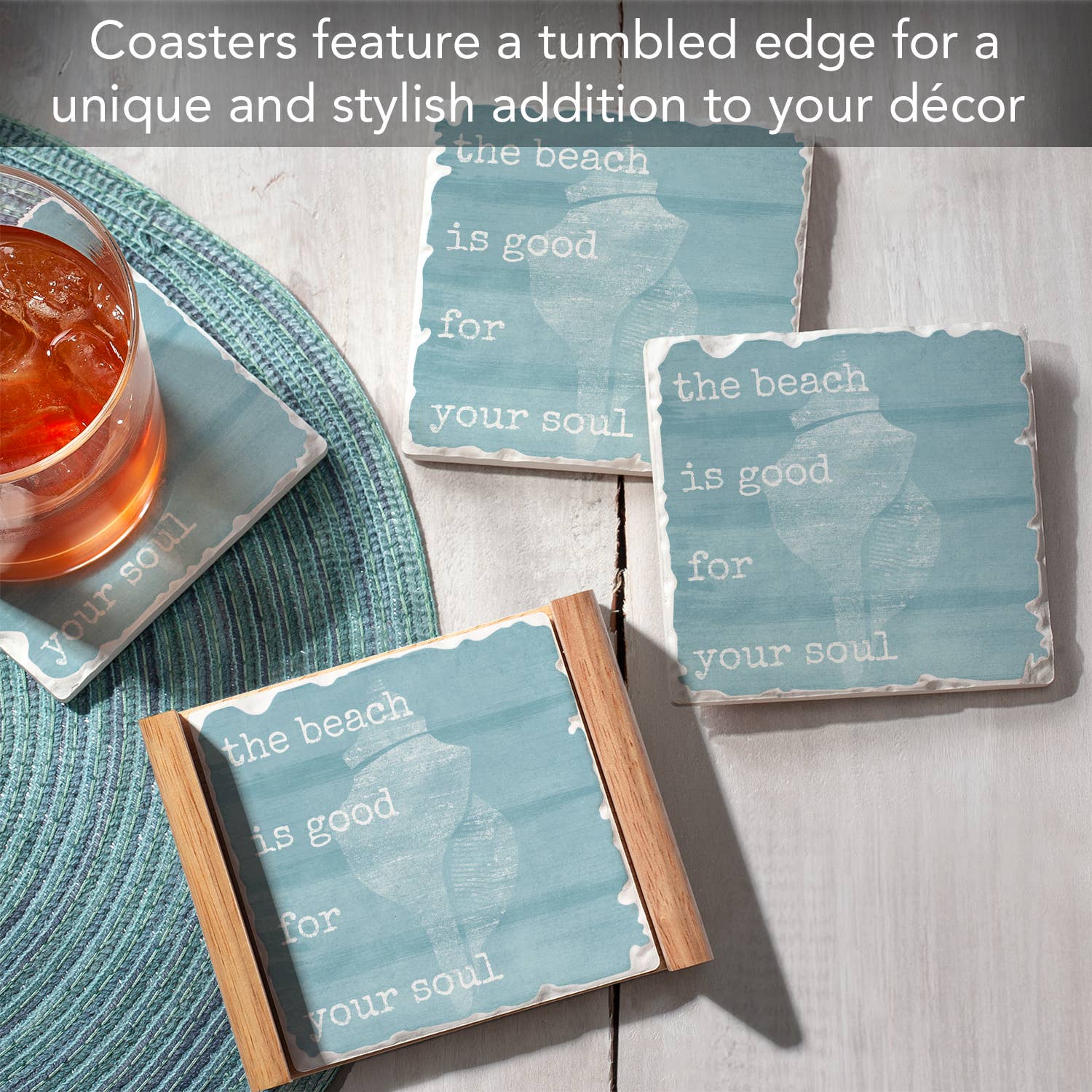 Conimar Promotions - Wholesale Coasters - Beach Soul 4 Pack Stone Coasters in Wooden Holder  1