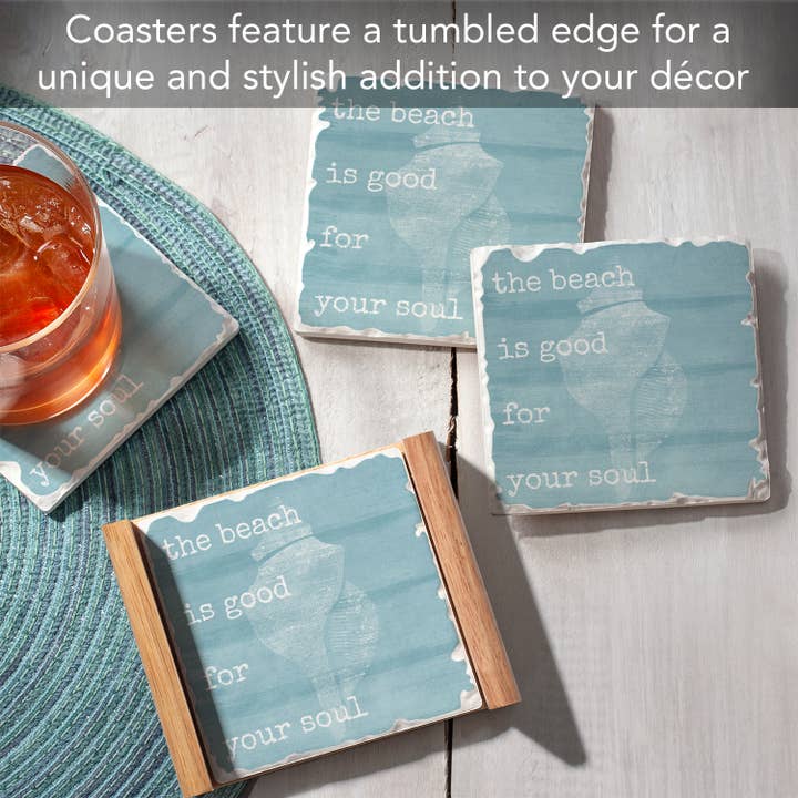 Conimar Promotions - Wholesale Coasters - Beach Soul 4 Pack Stone Coasters in Wooden Holder 1