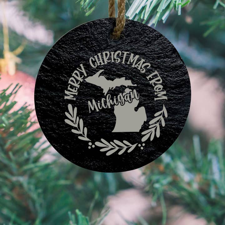 Joyeux Noël du Michigan - Ornement en ardoise pour la vente par Mermaid of Hilton Head