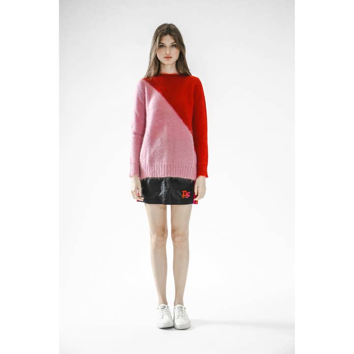 long-sleeve mohair sweater with a diagonal cut in fuchsia for wholesale by VUDECO