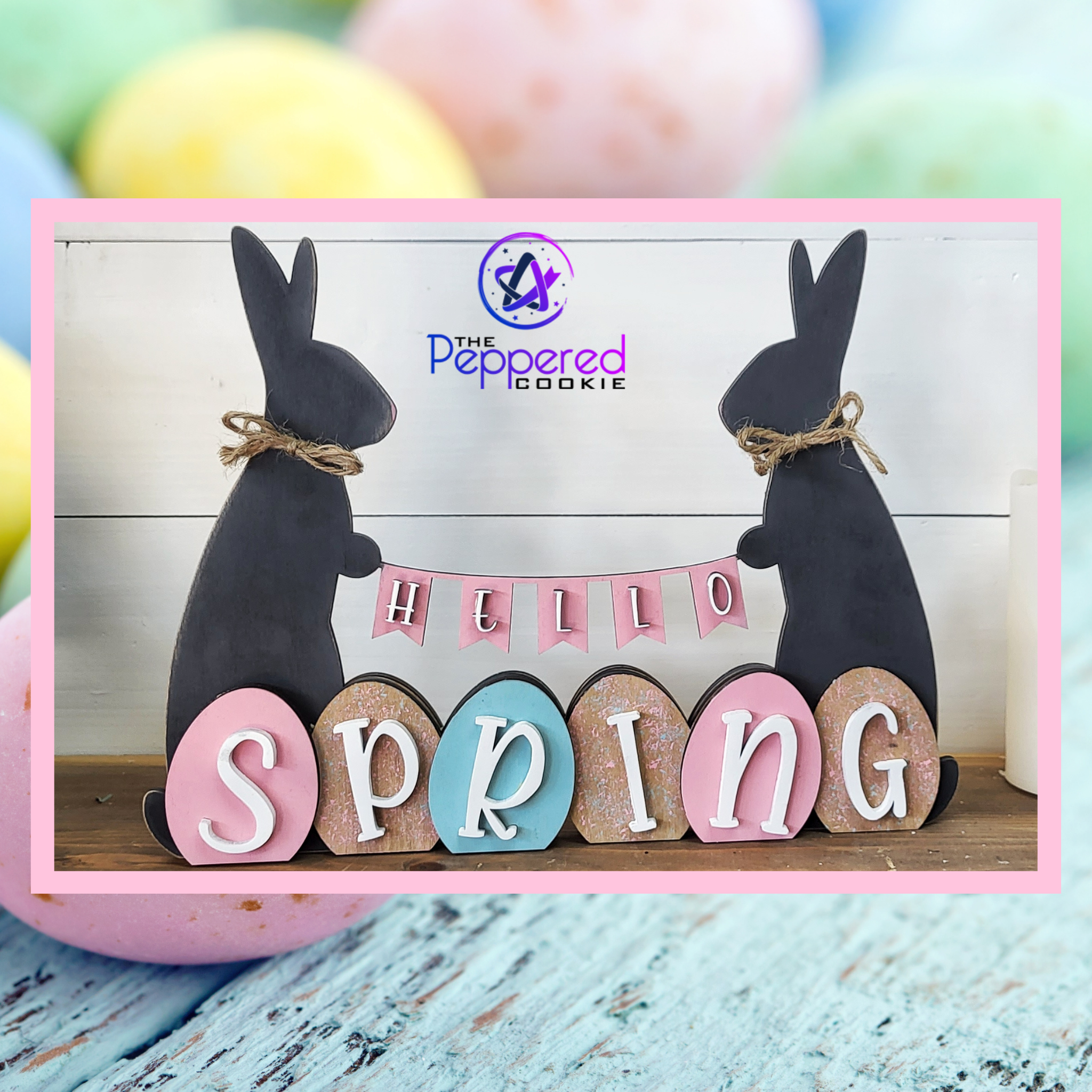 The Peppered Cookie - Vente Kit de bricolage - Décoration d'intérieur - Joyeuses Pâques, Hello Spring Bunny Reversible UNF1