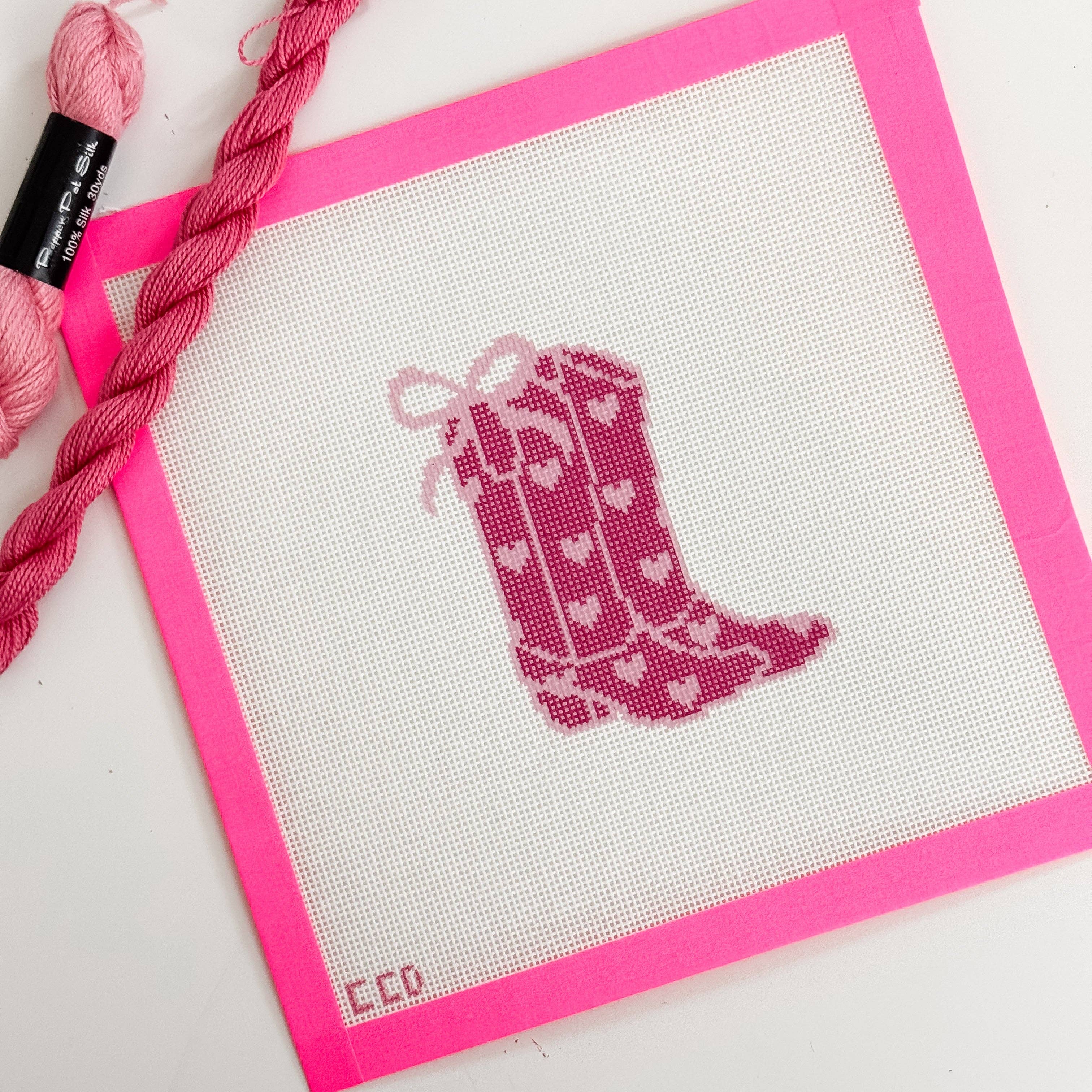 Cotswold Co Designs - Wholesale Embroidery/Cross Stitch Supplies - Hand-Painted Heart Coquette Cowgirl Boot Needlepoint Canvas | 4” Design | 18 Mesh Southern-Inspired Design4