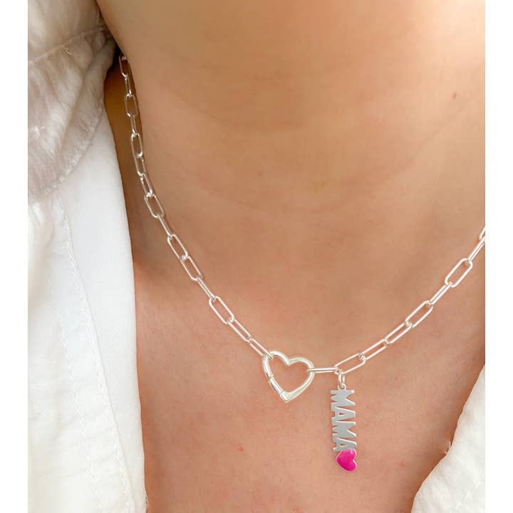 COM FORSA SL - Wholesale Pendant/Charm Necklace - Sterling Silver 925 Mama With Fuchsia Heart Pendant 22 X 60