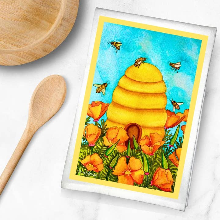 Bikupa, Vallmo & Honungsbin Bomullskökshandduk för wholesale av Chloe Marie Hourdequin Designs