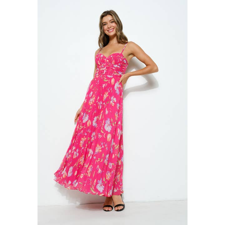 HOTPINK MULTI Floral Ruched Bustier Pleated Maxi Dress for wholesale on Faire