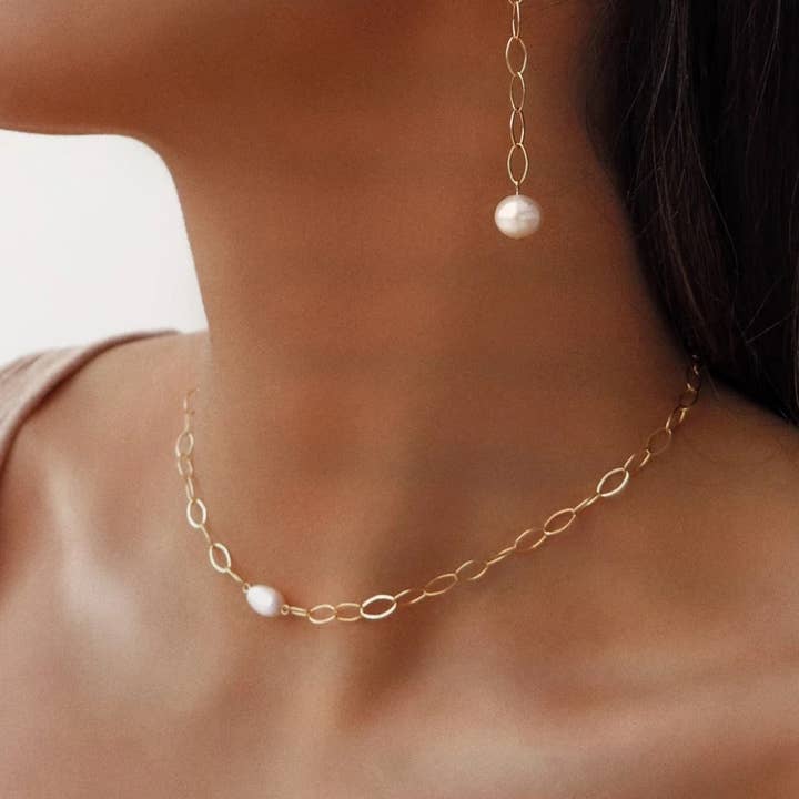 Freshwater Pearl Oval Chain Necklace - 14k Yellow Gold for wholesale on Faire