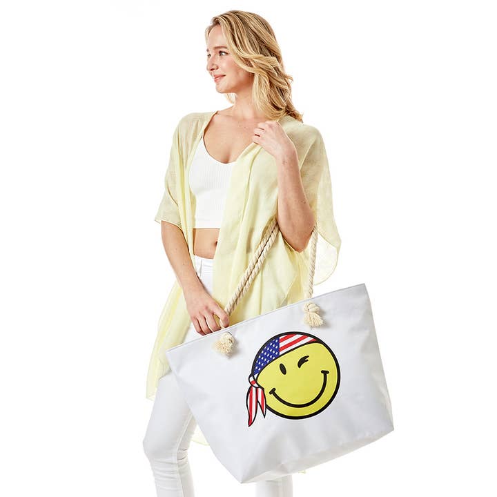 Hana - Venta al por mayor Bolsa de playa - Bolsa de playa con bandera estadounidense con estampado de bandana y cara sonriente