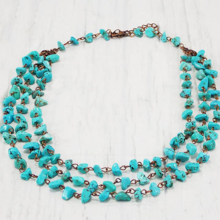 Collana a 3 fili collana turchese con gemma blu acqua collana rustica multifilo a 3 strati pepita bavaglino grosso regalo a basso costo sud-ovest per la vendita all'ingrosso da parte di Ninolia