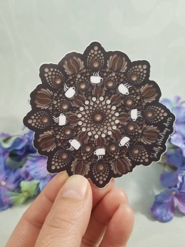 Coffee-Themed Dot Mandala Sticker for wholesale by Shelly Whidbey Arts