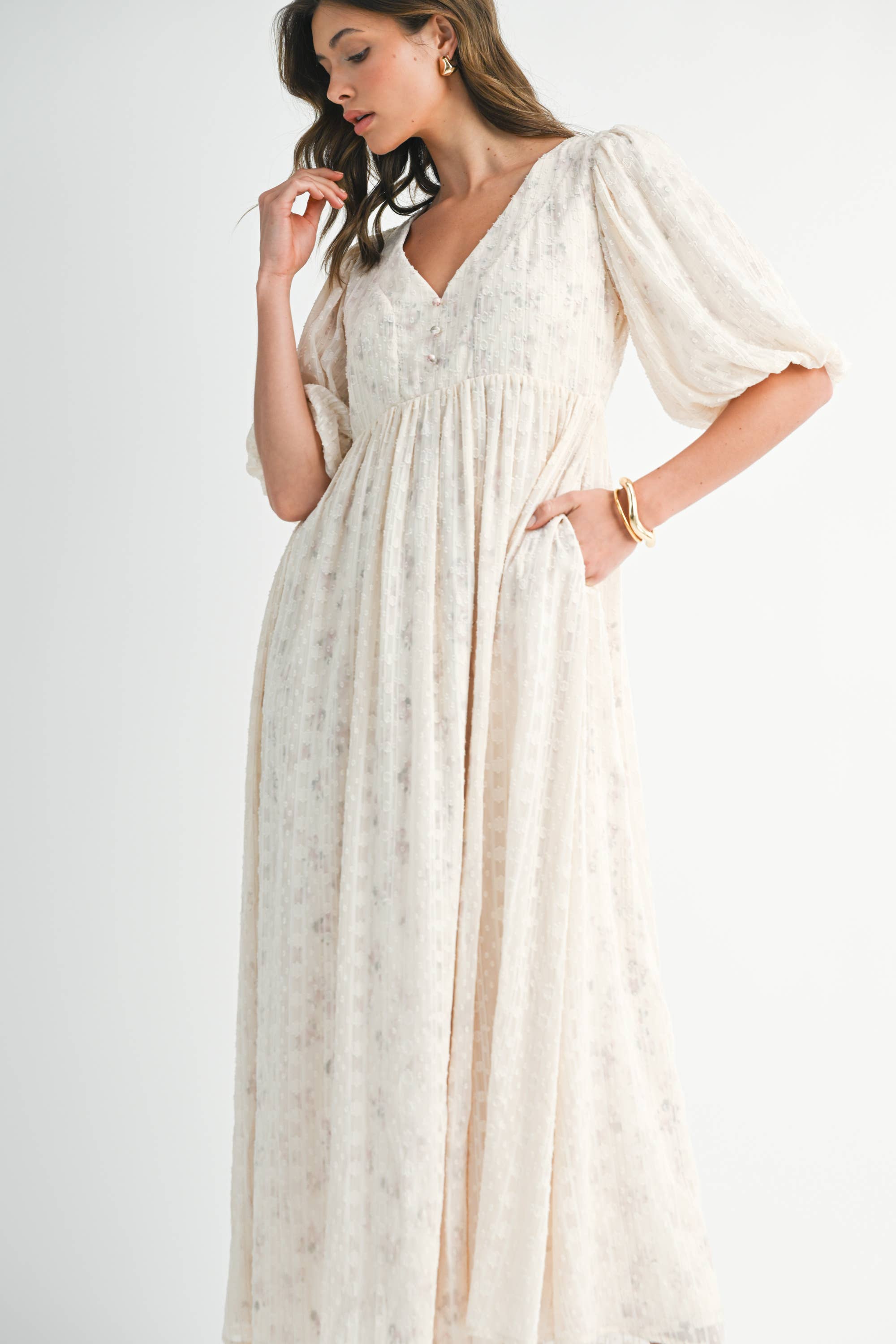 fløde ND0038 Tekstureret Blomstret Empire Maxi Kjole for engroshandel på Faire5