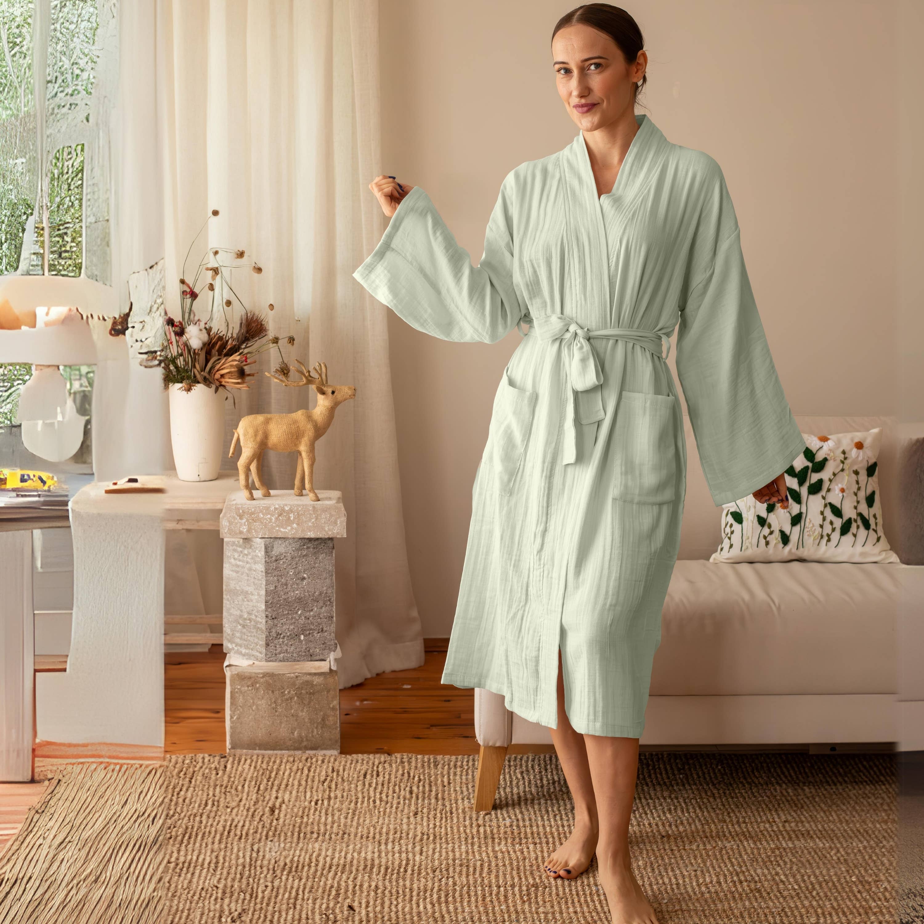 Vivamaison – Großhandel Bademantel – Unisex – Luxuriöser 2-lagiger Musselin-Bademantel aus natürlicher Baumwolle für Spa-Komfort8