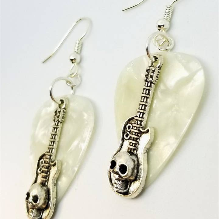 Simply Raevyn - Wholesale Dangle Earrings - Guitar with Skull Charms Guitar Pick Earrings9
