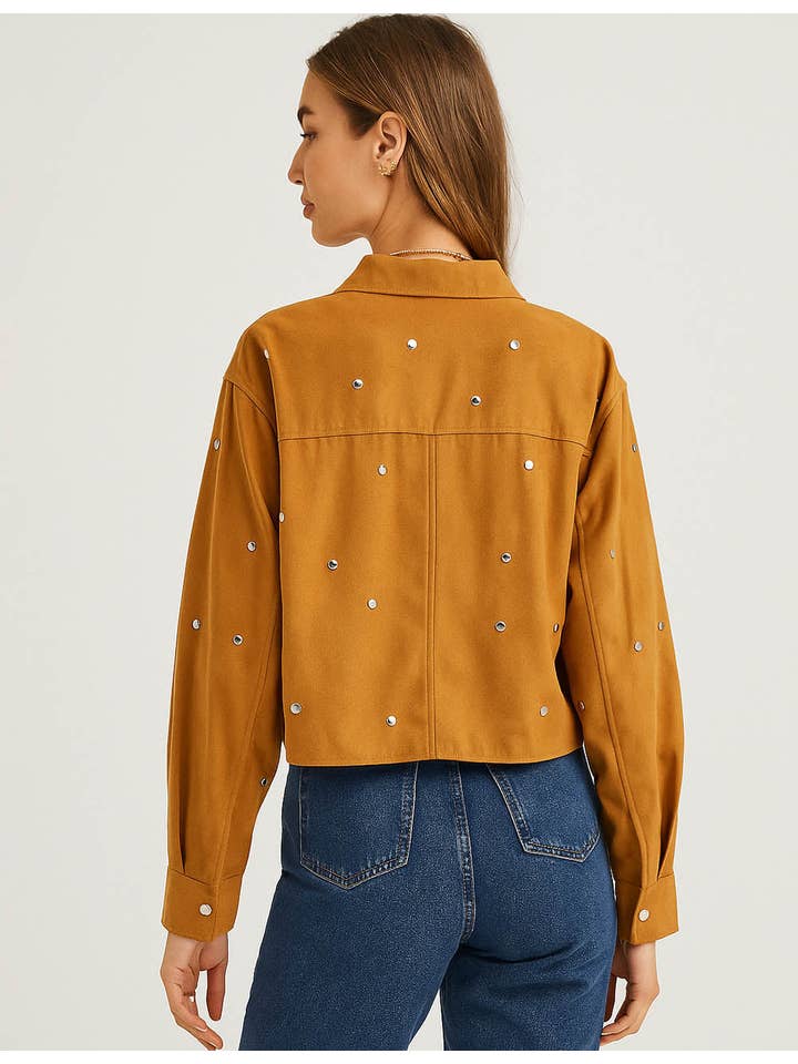 Camel Ladies Faux Suede Studded Zipper Front Cropped Jacket for wholesale on Faire4