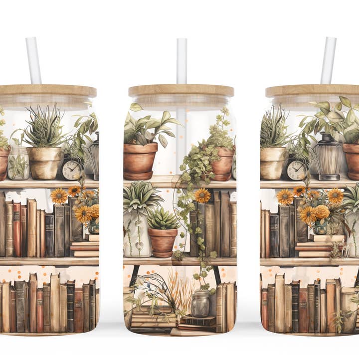 Pflanzen und Bücherregal Glasbecher – 16oz wiederverwendbarer Becher für Kaffee-, Tee- und Bücherliebhaber mit Bambusdeckel & Strohhalm für den Großhandel von CGS.Creations