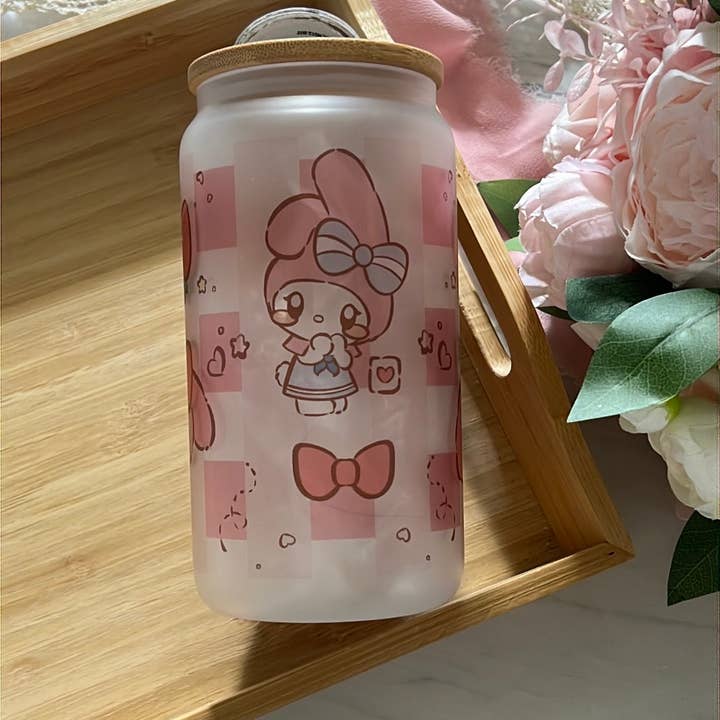 Peony Lee Art - Wholesale Drinking Glass/Cup - My Strawberry Melody 16oz Frosted Glass Tumbler with Glass Straw