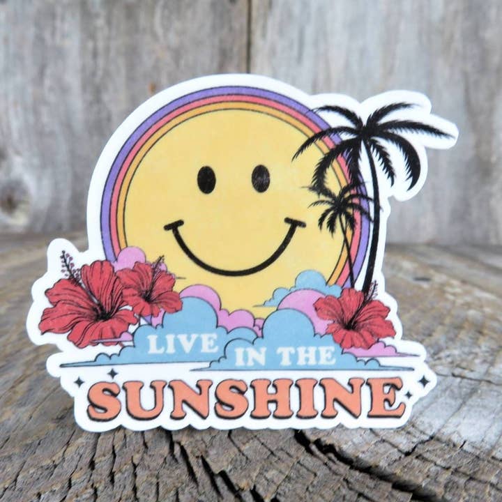 Live in the Sunshine Sticker Smile Face Positive Waterproof Summer Palm Trees Hibiscus for wholesale by Kirk's Krafts