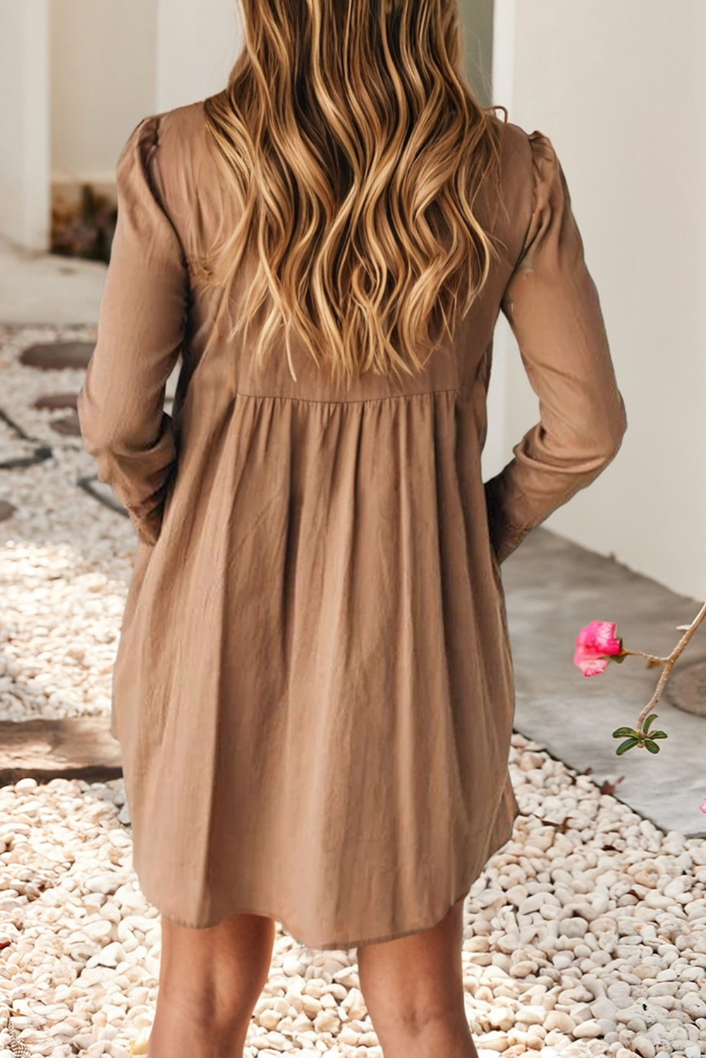 Straw Yellow LDC Lace Trim Peter Pan Collar Long Sleeve Mini Shirt Dress for wholesale on Faire2