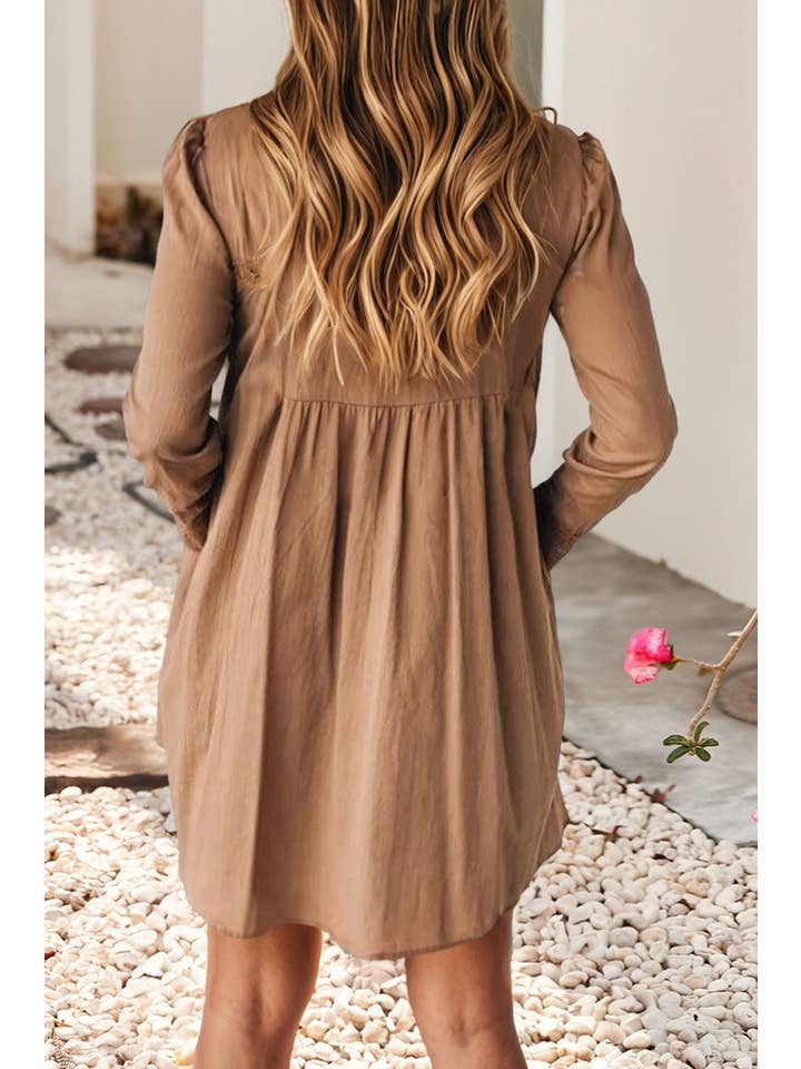 Straw Yellow LDC Lace Trim Peter Pan Collar Long Sleeve Mini Shirt Dress for wholesale on Faire2