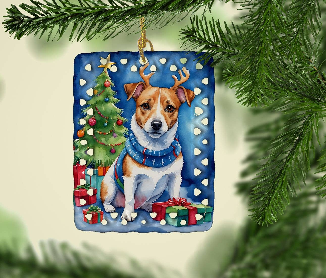 Naomi's Happy Place Shop - Wholesale Ornament - Jack Russell Terrier Christmas Reindeer Porcelain Ornament Christmas Tree Hanging Decorations for Home Christmas Holiday, Rectangle, Gift, Multicolor1