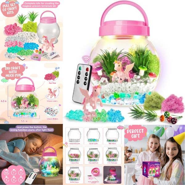 St. Louis Wholesale LLC - Wholesale DIY Craft Kit - Kids - Unicorn Terrarium Kit - Colorful LED Light-up - Remote