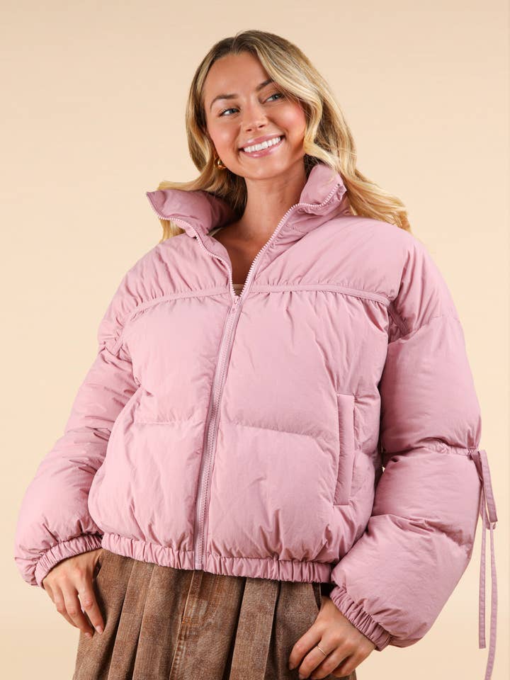 VERY J - Wholesale Puffer Jacket - Women's - NJ90299-Balletcore Mock Neck Puffer Jacket with Pockets