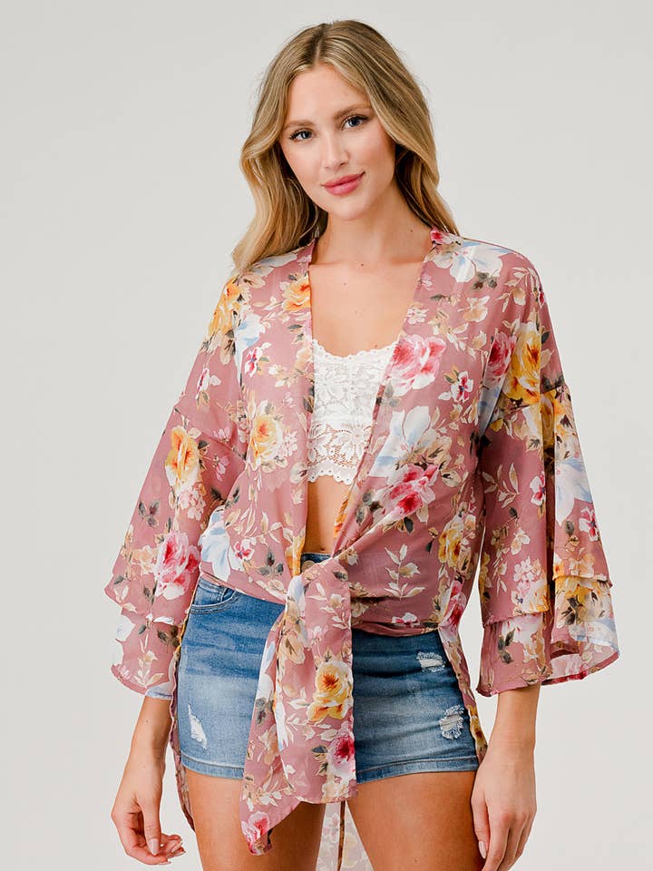 FRONT TIE CHIFFON KIMONO for wholesale by And Yvette