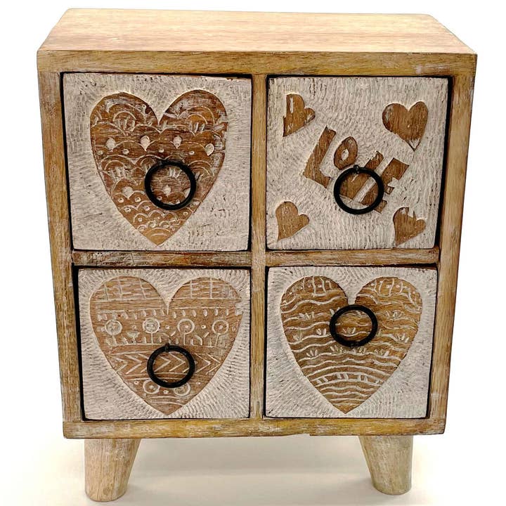Jafsons International - Wholesale Drawer Organizer - Mango Wood Mini Chest 2 Drawers - Boho Hearts
