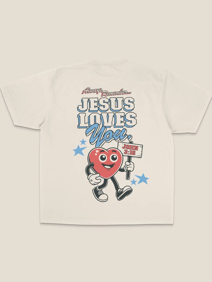 Jesus Loves You Company - Wholesale Screen Printed T-Shirt - Unisex - "Always Remember" (JLY MASCOT) Tee || Sand0