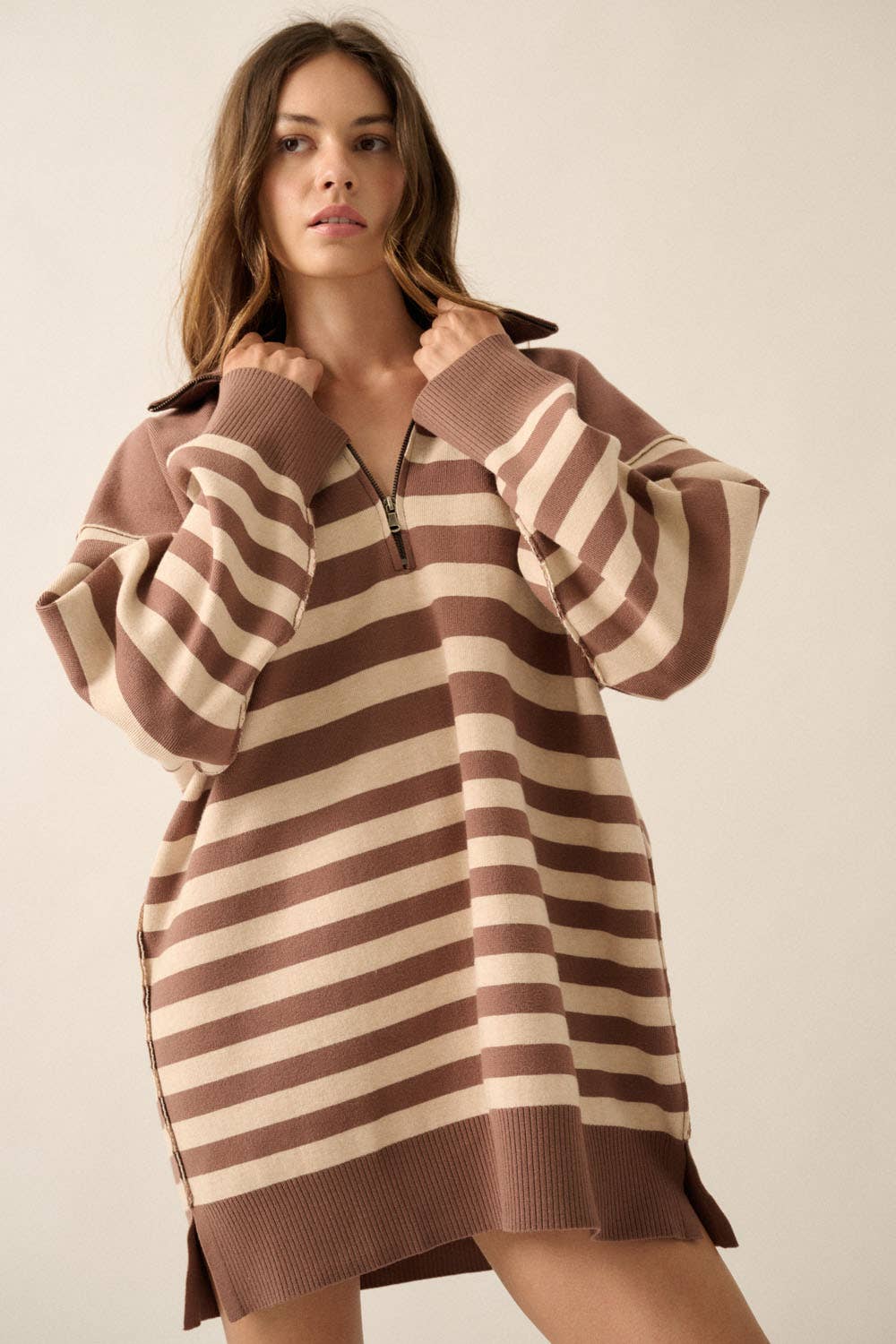 Promesa USA - Wholesale Dress - Women's - Striped Knit Collared Half-Zip Mini Sweater Dress16