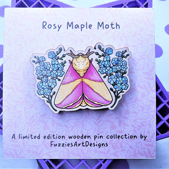 Rosy maple moth and forget me nots wooden pin | for wholesale by FuzziesArtDesigns