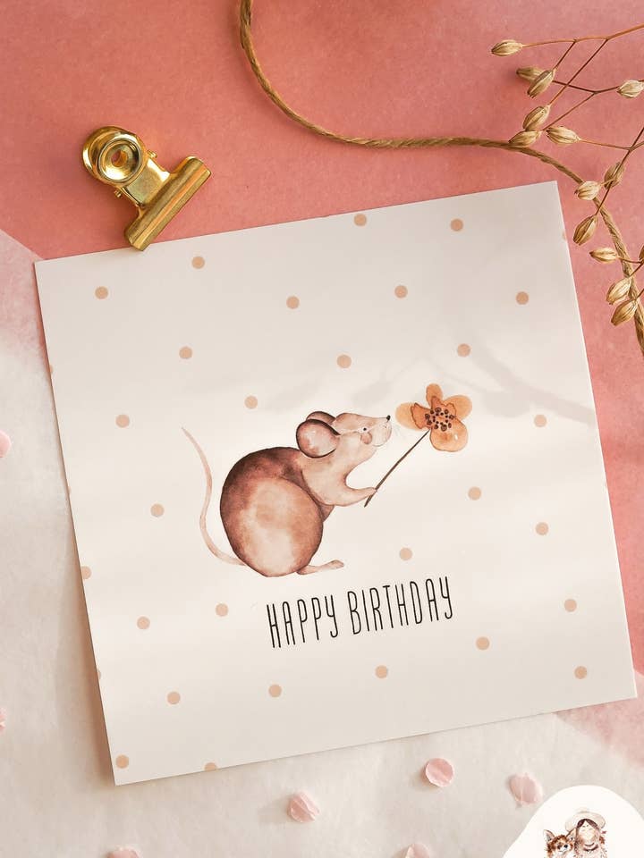 Square greeting card Happy Birthday Mouse for wholesale by FuchsMaedchen