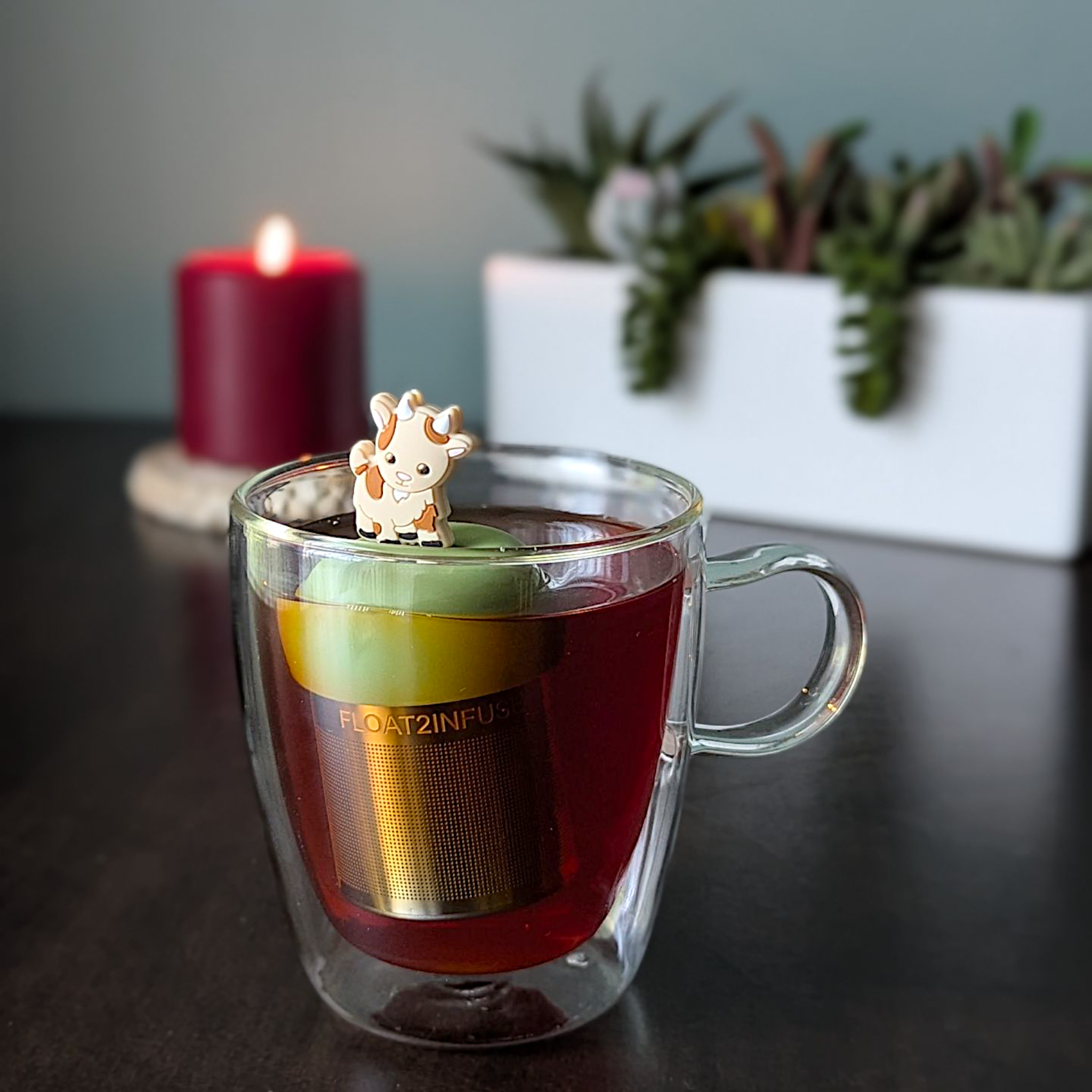 Float2infuse Tea Infuser - Wholesale Tea Strainer/Infuser - Brown Goat | Floating Tea Steeper | Green Base | Brown1