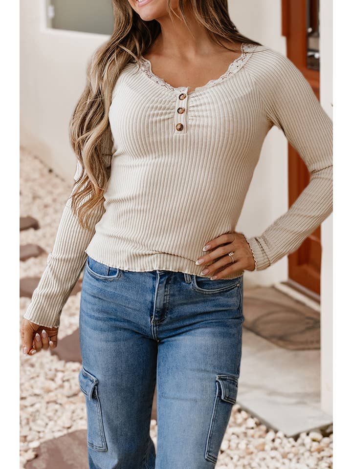 Little Daisy Closet - Wholesale Knit Top - Women's - LDC Lace U Neck Button Decor Lettuce Edge Ribbed Top2