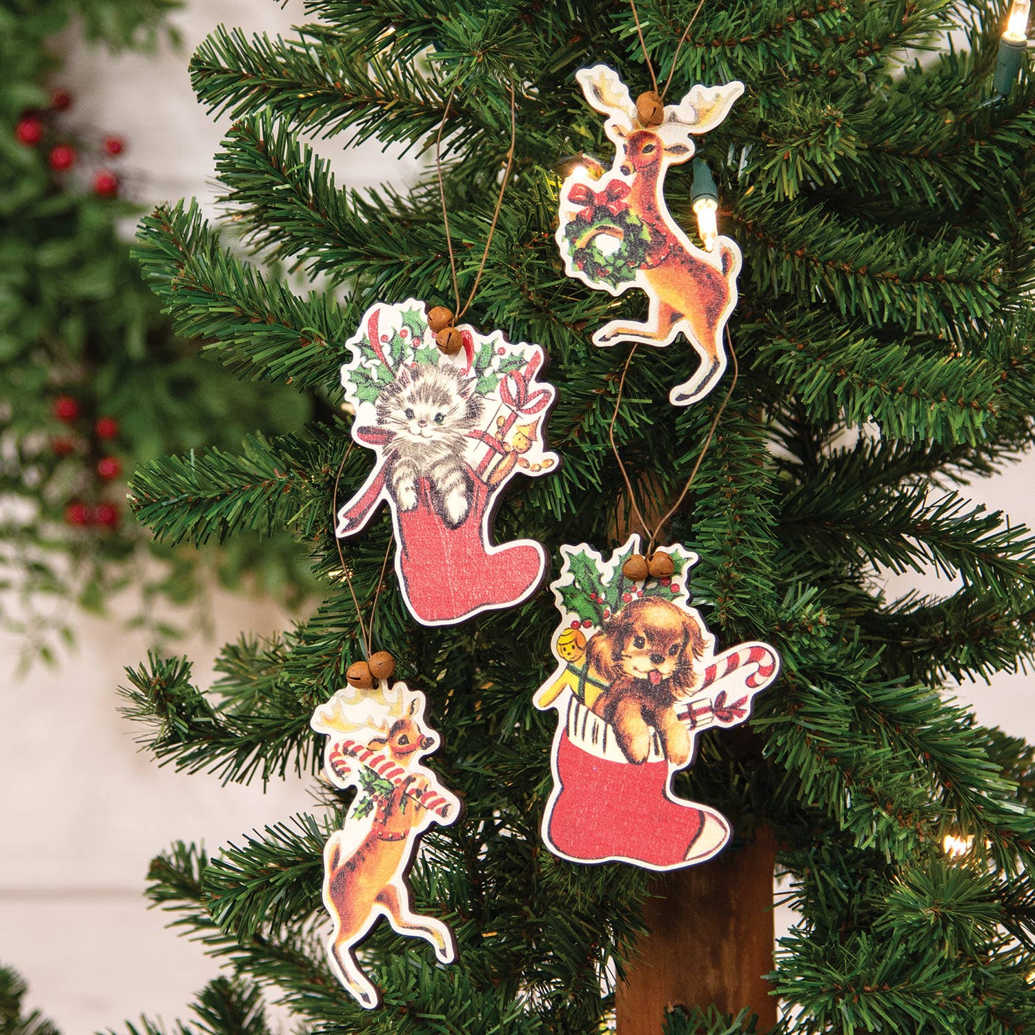 Col House Designs - Wholesale Ornament - 4/Set - Retro Look Wooden Puppy, Kitten, & Reindeer Ornament5