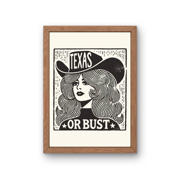 Texas or Bust Art Print: Linocut Style Western Decor for wholesale by Lady Kady Art