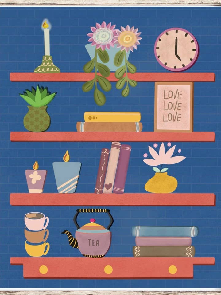 Mom's Cosy Shelf Art Print voor wholesale door Julia Frost Art