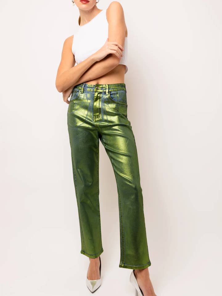 Lupe Green Denim Foil Coated Pants for wholesale by Amy Lynn