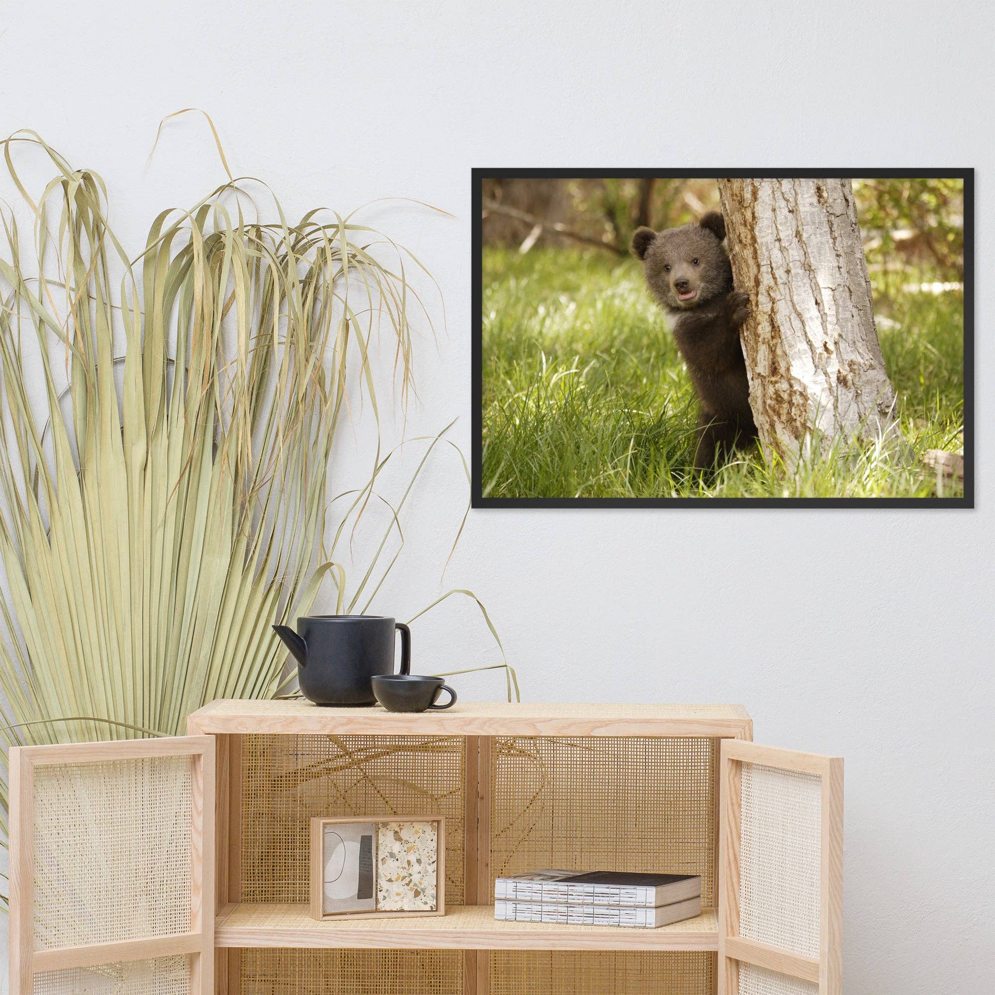 Pipa Wall Art & Home Decor - Wholesale Art Print - Cute Baby Grizzly Bear Cub Behind Tree In Meadow Framed Art5