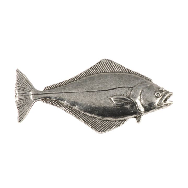 Heilbot vis tinnen reversspeld of magneet S060 voor wholesale door Creative Pewter Designs