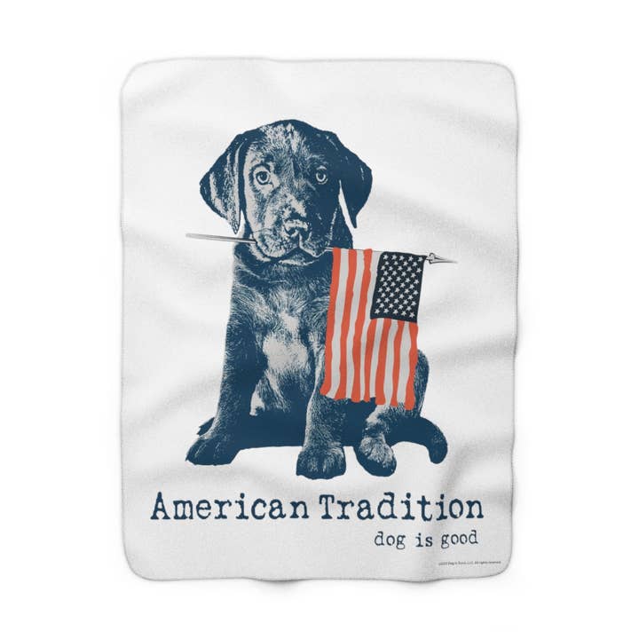 Dog is Good American Tradition Puppy with American Flag White Fleece Blanket, Officially Licensed and Produced in the USA for wholesale by Sunbeltgifts Home Décor