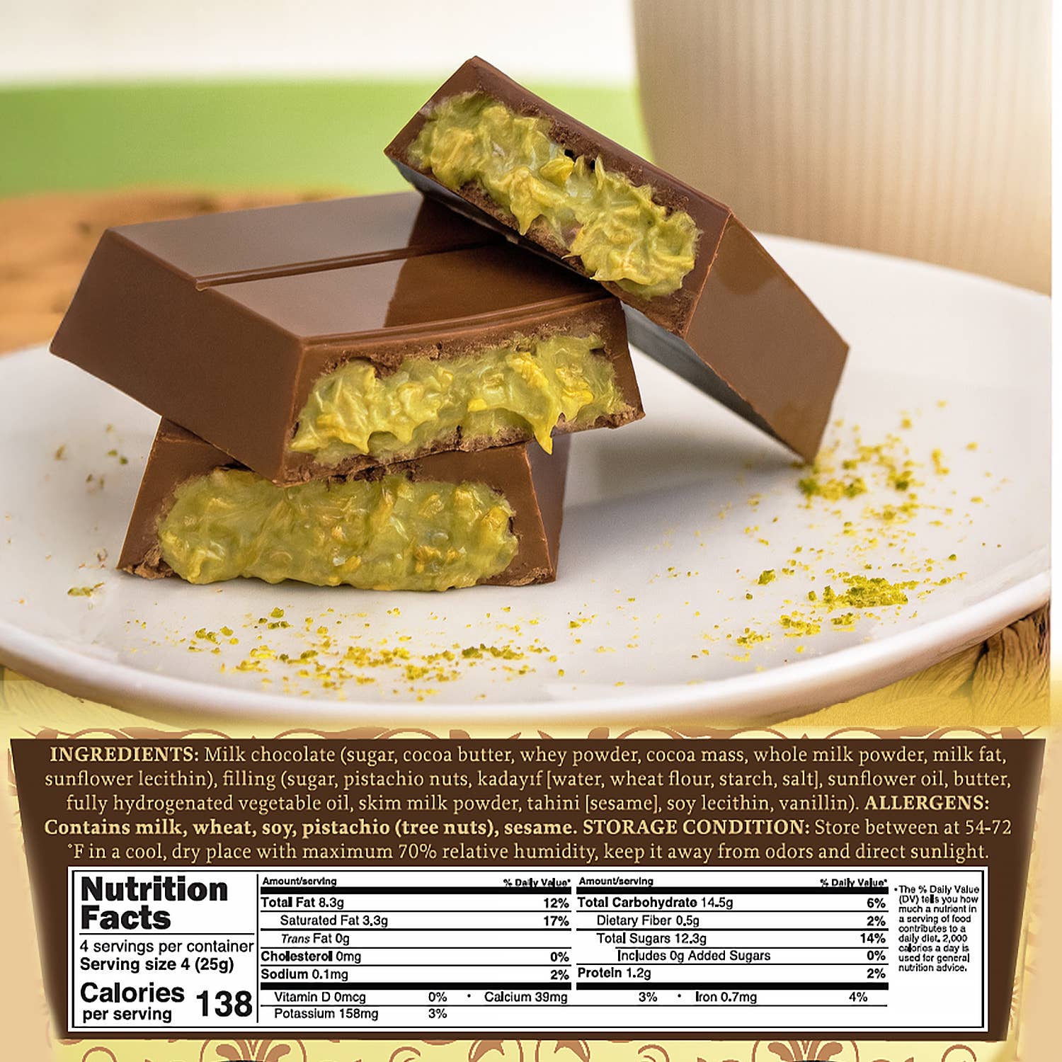 Ceres Gourmet - Wholesale Chocolate Bar - 3.5oz Milk Dubai Chocolate Bar Pistachio & Gift-Ready Pack 5