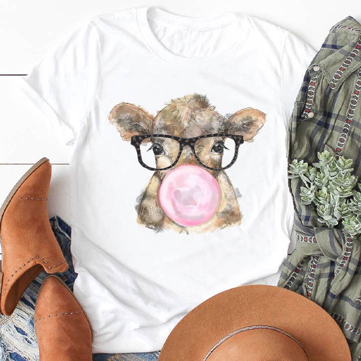 Western Farm Cow Bubble Gum Briller PLUS STØRRELSE Grafisk Tee for engroshandel hos Kissed Apparel