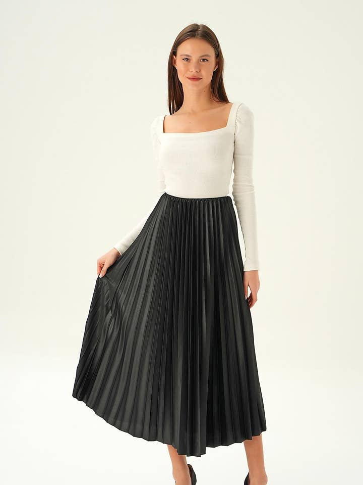 Women's Long Pleaded Skirt Solid Color Pleated Modest Skirt  for wholesale by VAV NEW YORK