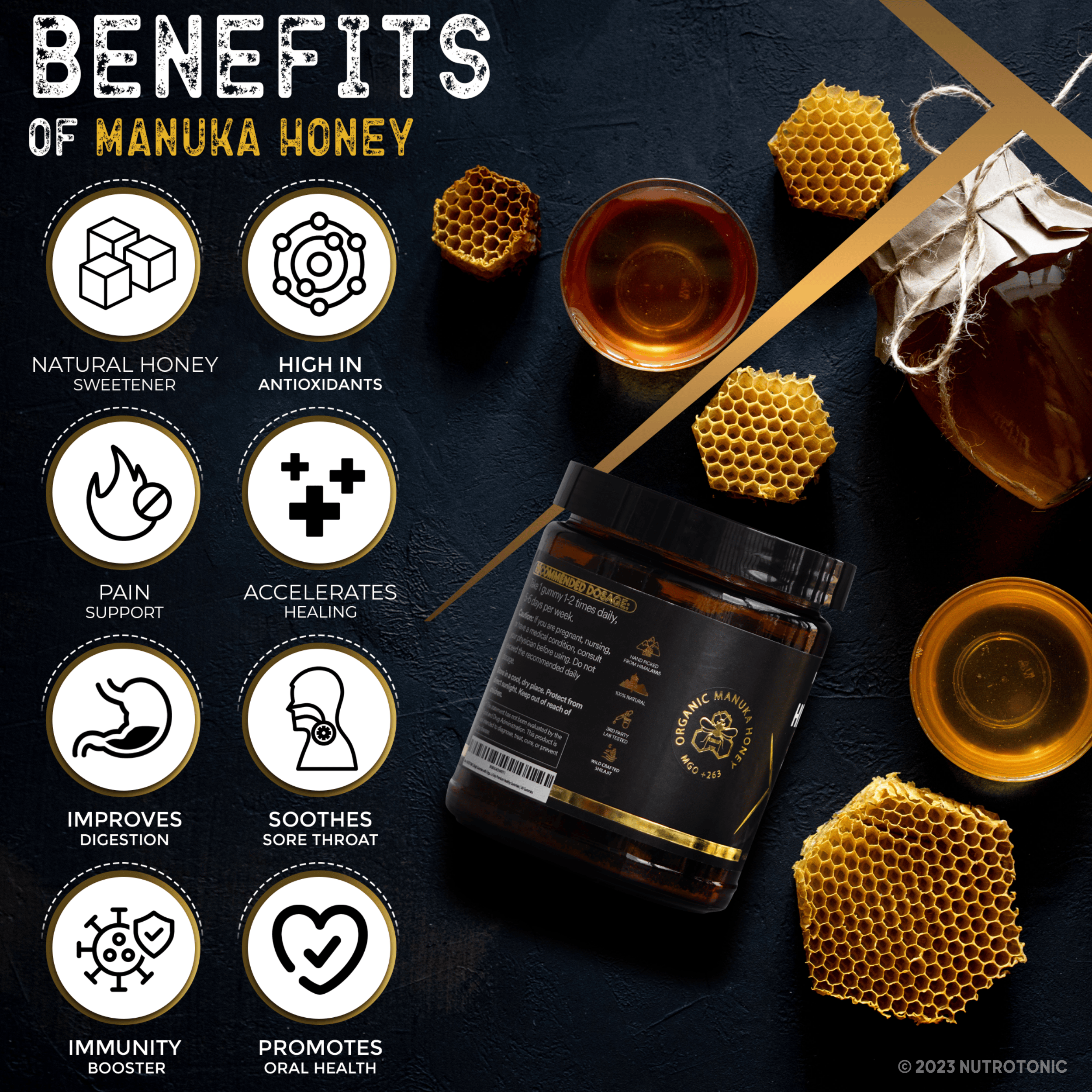 NutroTonic - Vendita all'ingrosso Vitamine/integratori orali - Autentiche Gomme di Shilajit Himalayano® Dolcificate con Miele di Manuka Biologico Aromatizzate con Olio di Arancia Rossa Biologico e Vaniglia Biologica4