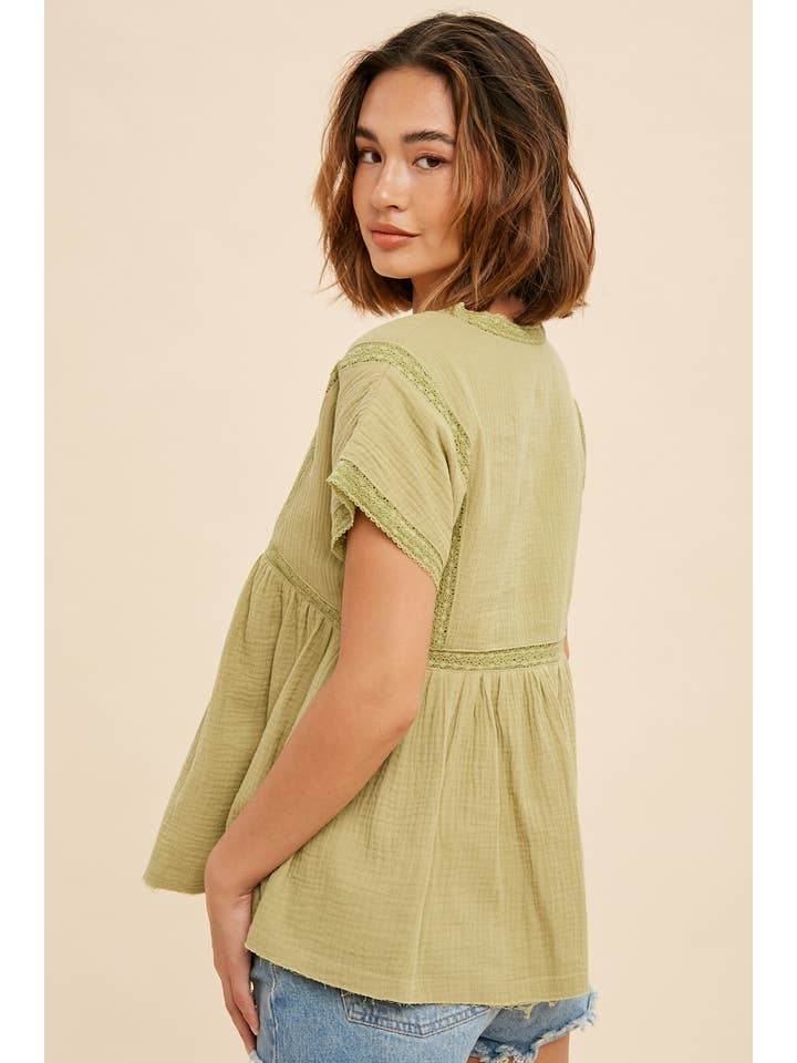 In Loom - Wholesale Blouse - Women's - COTTON MUSLIN LACE ACCENT V NECK BLOUSE