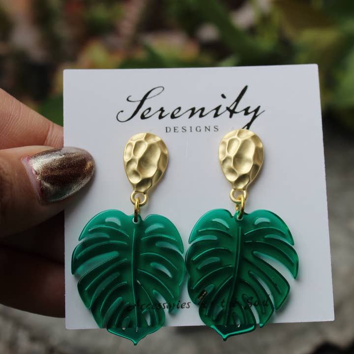 Small Matte Gold Monstera Earrings for wholesale by Serenity Designs