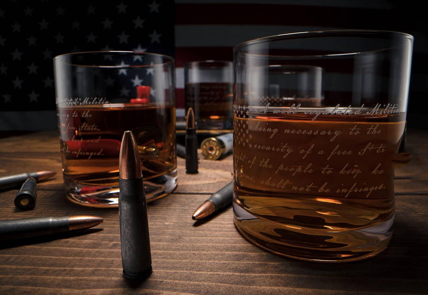The Wine Savant /  Khen Glassware - Wholesale Cocktail/Liquor Glass - 2nd Amendment Whiskey Glasses With Flag Base Set3